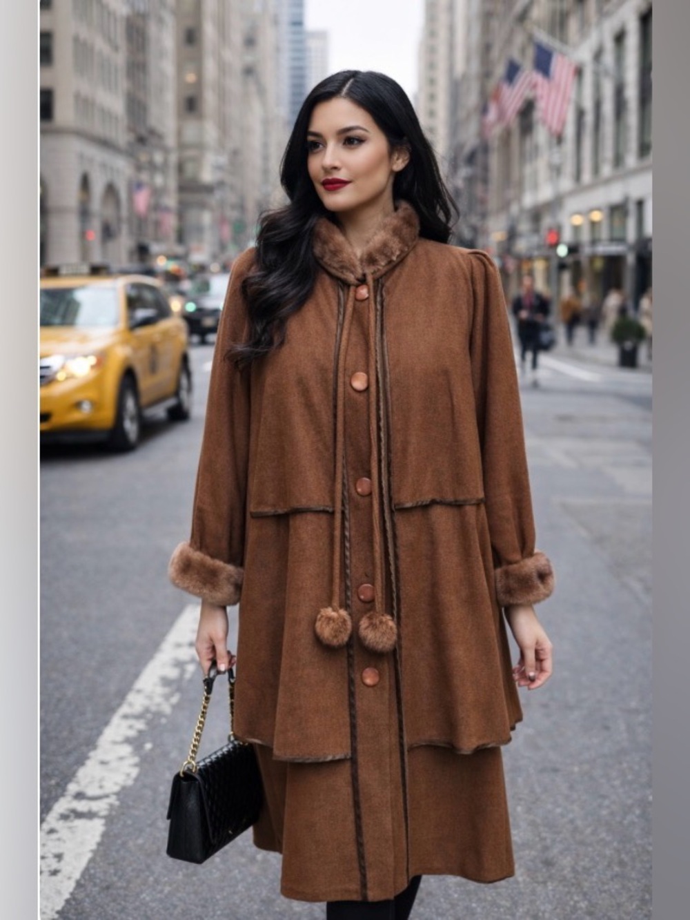 Louis Feraud Paris Wool Fur Trim Coat Brown Vintage Long Capelet Style Medium